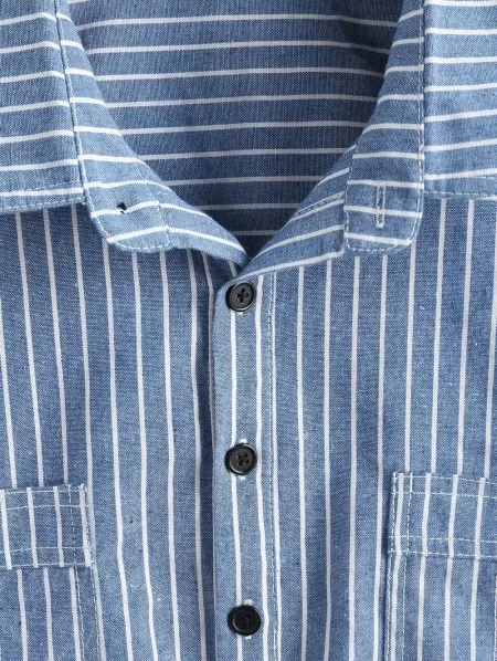 Vertical Stripes Half Button Double-pockets Cargo Shirt