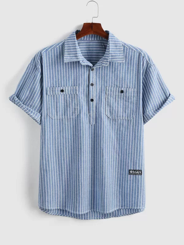 Vertical Stripes Half Button Double-pockets Cargo Shirt