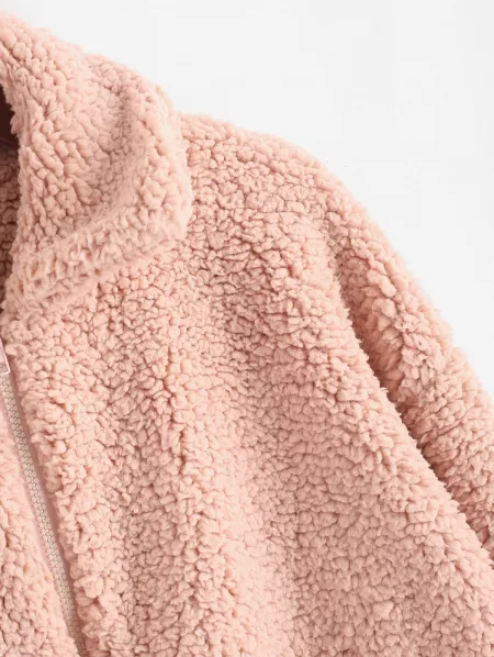 X Yasmine Bateman Pocket Zipper Drop Shoulder Fluffy Teddy Coat