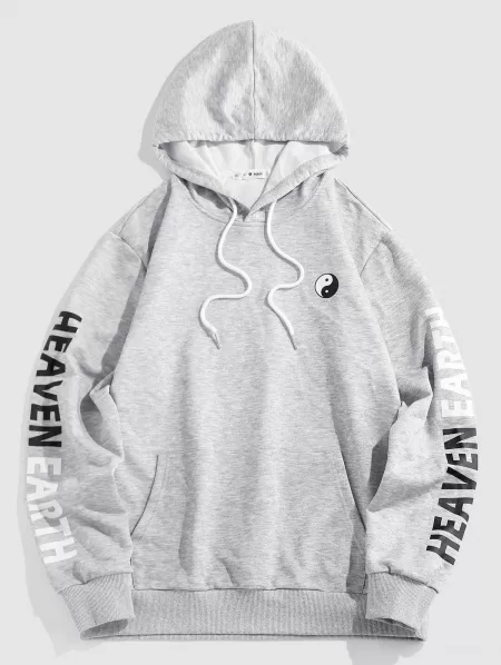 Yin Yang Letters Print Kangaroo Pocket Hoodie
