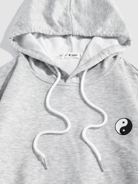 Yin Yang Letters Print Kangaroo Pocket Hoodie