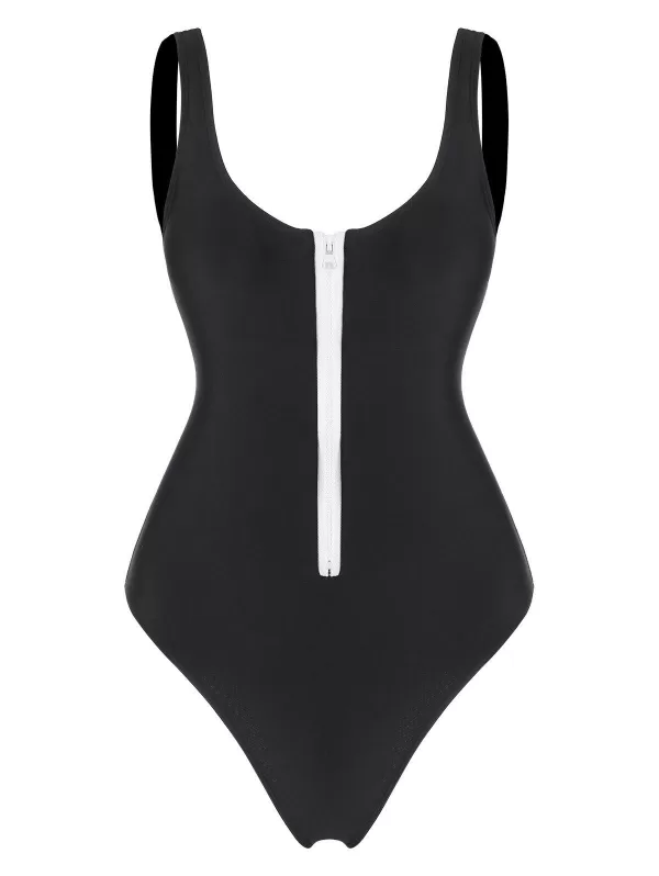Zippered High Cut One Piece Swimsuit